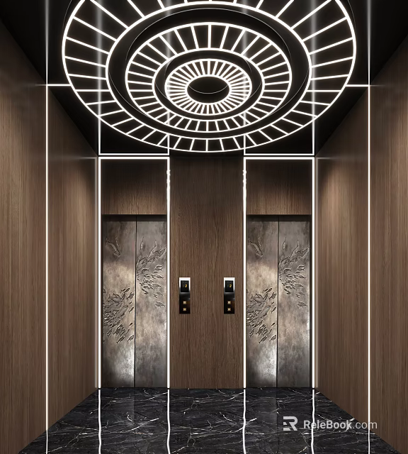 Elevator Lobby Design With Wooden Walls Carved Doors Circular Ceiling Decoration And Lighting 3d model 