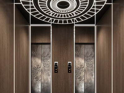 Elevator Lobby Design With Wooden Walls Carved Doors Circular Ceiling Decoration And Lighting 3d model