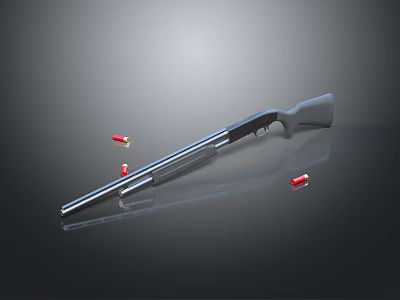 3D Rendered Metal Shotgun With Bullets On Reflective Surface And Gray Background 3d model