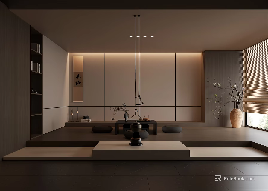 Modern Tea Room Interior With Wooden Platform Tea Table Cushions Pendant Light And Bookshelf 3d model 