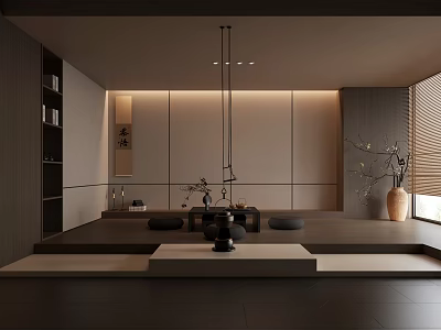 Modern Tea Room Interior With Wooden Platform Tea Table Cushions Pendant Light And Bookshelf 3d model