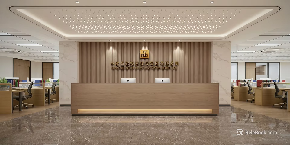 Elegant Modern Hotel Front Desk With Wooden Backdrop Marble Accents And Monitors 3d model 