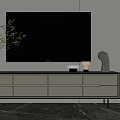 Modern Minimalist TV Stand with Flat Screen TV Small Plant Sculpture and Storage Drawers