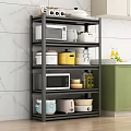 Kitchen Storage Shelf with Microwave Containers Bowls in Modern Kitchen with White Walls Green Cabinets