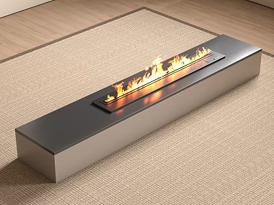 Modern Long Fireplace With Burning Flames On Carpet And Metal Frame 3d model