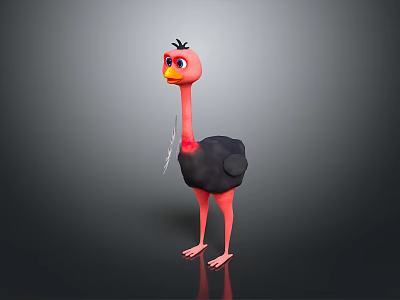 Cartoon Ostrich With Pink Neck Black Body Yellow Beak And Standing Pose 3d model