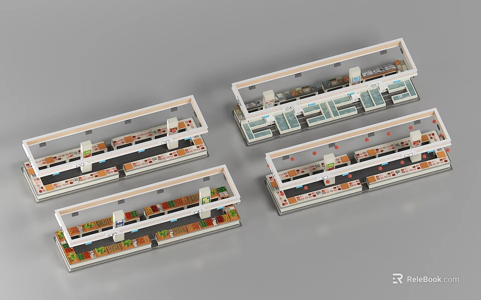 Organized Wet Market Layout With Fresh Vegetable Fruit And Meat Stalls 3d model 