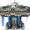 Futuristic Circular Space Station With Antennas Blue Beams And Mechanical Details