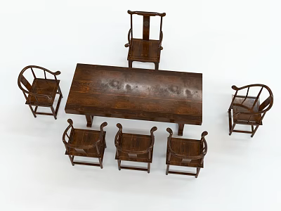 Traditional Wooden Tea Table and Chairs with Six Curved Armchairs Classic Solid Wood Set 3d model