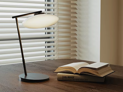 Modern Minimalist Table Lamp on Wooden Table with Open Book and Window Blinds 3d model