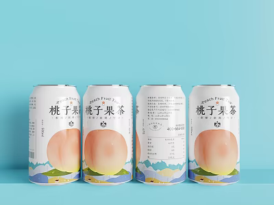 Peach Fruit Tea Cans With Peach Graphic On Light Blue Background 3d model