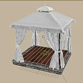 Outdoor Gazebo With White Canopy Decorative Curtains Wooden Floor And Stone Base