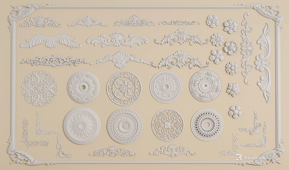 Decorative Gypsum Cornice Featuring Intricate Patterns And Various Interior Design Styles 3d model