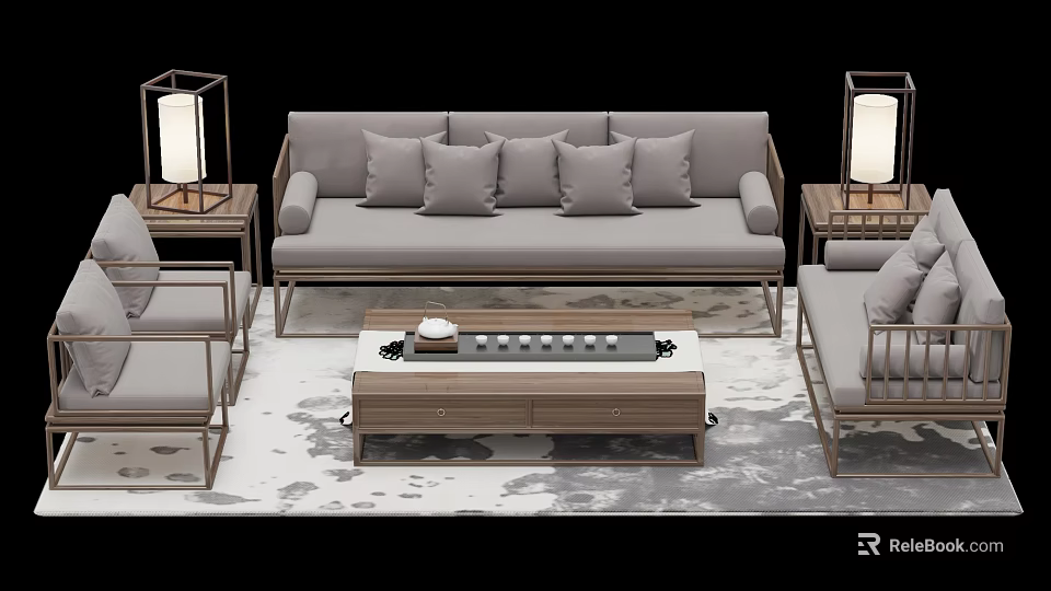 Modern Gray Sofa Coffee Table Set With Side Tables Lamps And Area Rug 3d model