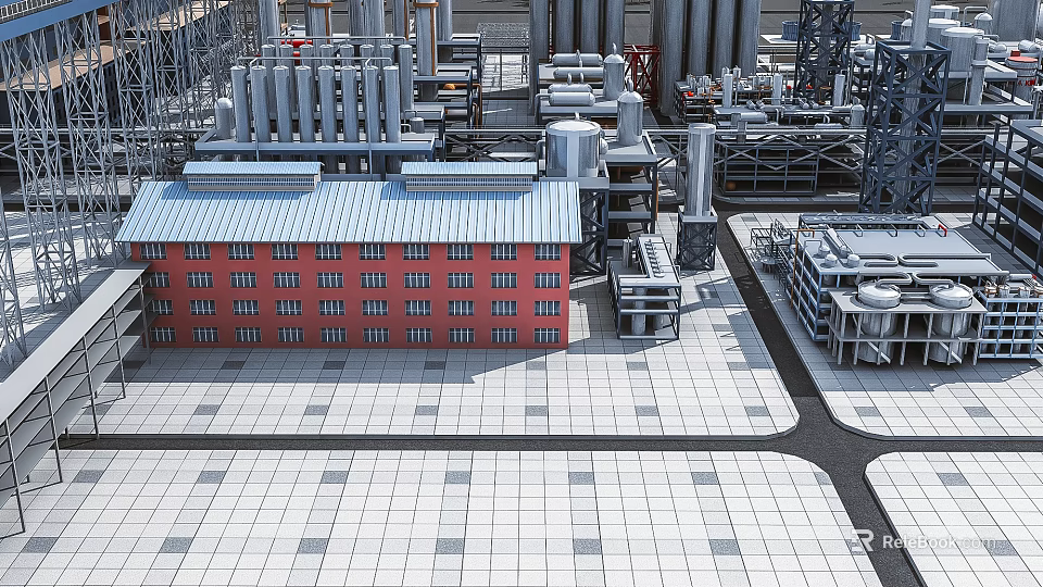 Modern Industrial Factory Building With Red Brick Exterior Grey Roof Steel Structures And Industrial Pipes 3d model 