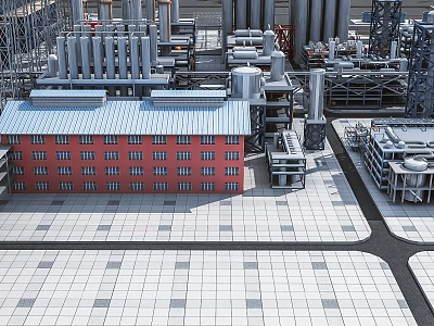 Modern Industrial Factory Building With Red Brick Exterior Grey Roof Steel Structures And Industrial Pipes 3d model