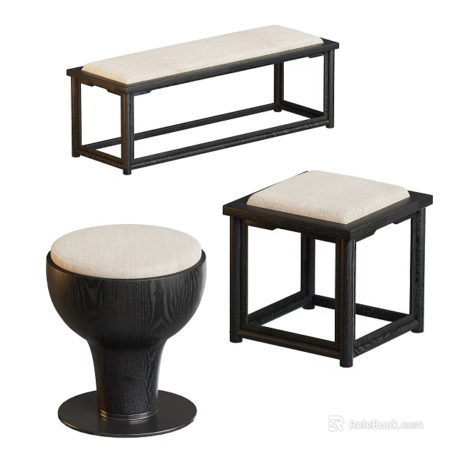 Black Frame Wooden Stools With Beige Upholstered Seats Including Bench Square And Round Styles 3d model 
