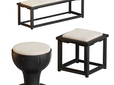 Black Frame Wooden Stools With Beige Upholstered Seats Including Bench Square And Round Styles 3d model