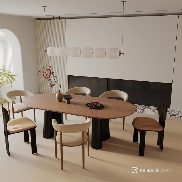 Elegant Dining Table Set with Oval Wooden Top Mixed Chairs Pendant Light and Fireplace 3d model 
