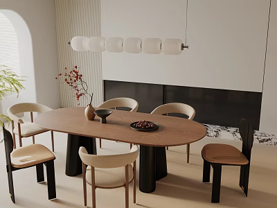 Elegant Dining Table Set with Oval Wooden Top Mixed Chairs Pendant Light and Fireplace 3d model