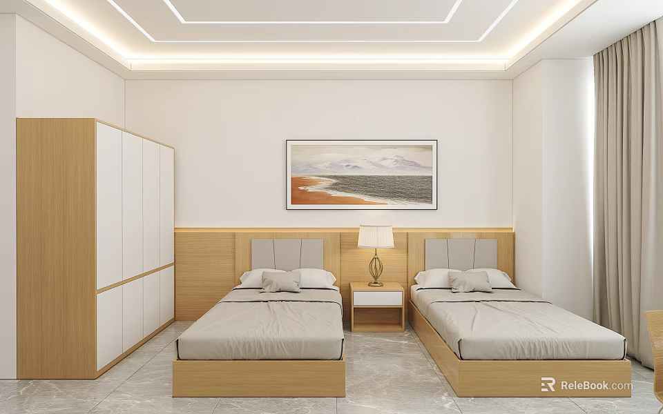 Modern Minimalist Hotel Guest Room With Twin Beds Wooden Headboards Nightstand Table Lamp And Wardrobe 3d model 