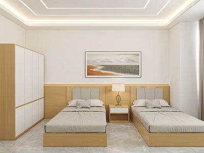 Modern Minimalist Hotel Guest Room With Twin Beds Wooden Headboards Nightstand Table Lamp And Wardrobe 3d model