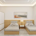 Modern Minimalist Hotel Guest Room With Twin Beds Wooden Headboards Nightstand Table Lamp And Wardrobe