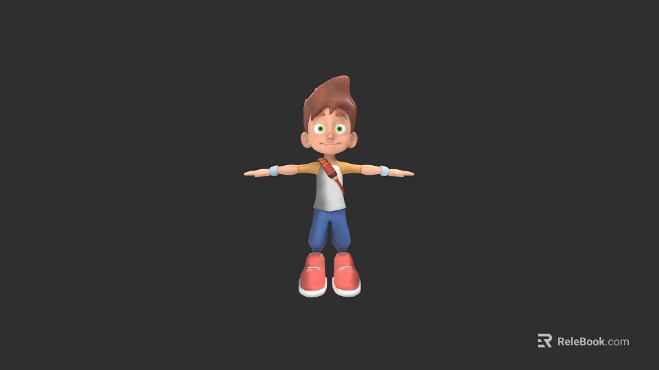 Cartoon Boy Character With Brown Hair Green Eyes White Tank Top Blue Pants Red Shoes 3d model 