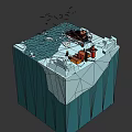 Cartoon Animated Arctic Scene With Orange Tugboat Icebergs Seagulls Buildings And Icy Ocean