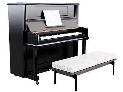 Classic Black Piano With Matching Bench And Music Sheet On Top 3d model