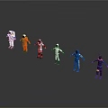 Men in Various Colored Spacesuits Standing on Gray Reflective Surface Area 3d model