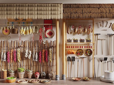 Chinese-style Nongjiale Farming Sketches Farming Tools Combination Thatch Shed Food Corn Chili Meat model