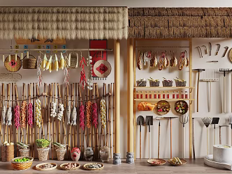 Chinese-style Nongjiale Farming Sketches Farming Tools Combination Thatch Shed Food Corn Chili Meat 3d model
