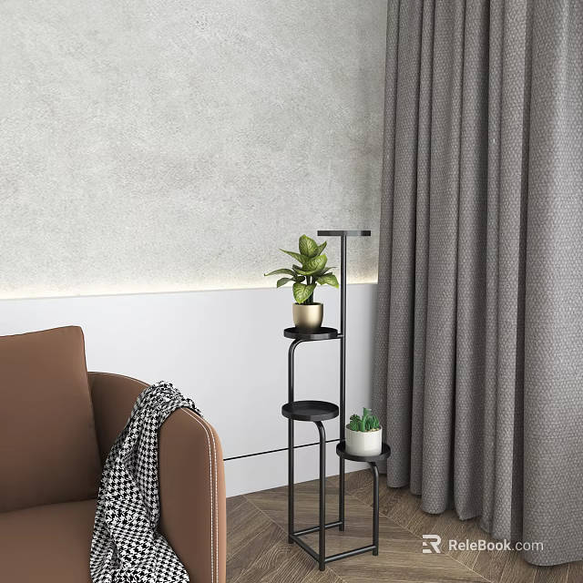 Indoor Garden Decor Black Metal Multi Tiered Plant Stand With Two Potted Plants By Sofa 3d model 