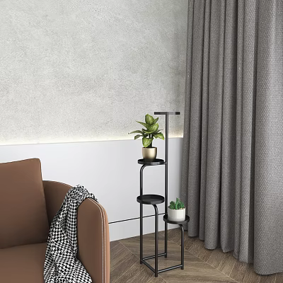 Indoor Garden Decor Black Metal Multi Tiered Plant Stand With Two Potted Plants By Sofa 3d model
