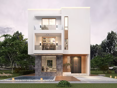 Modern Detached Villa Exterior Design With Glass Windows Stone Walls Wooden Door And Greenery Surroundings 3d model