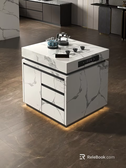 Modern Kitchen Island With Marble Countertop Cabinets Drawers And LED Lighting 3d model 