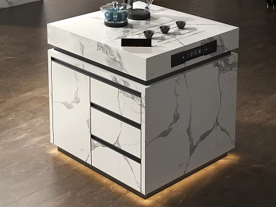Modern Kitchen Island With Marble Countertop Cabinets Drawers And LED Lighting 3d model