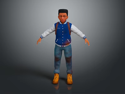 3D Human Boy Character Wearing Blue Vest White Long Sleeve Blue Jeans Yellow Boots Backpack 3d model
