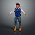 3D Human Boy Character Wearing Blue Vest White Long Sleeve Blue Jeans Yellow Boots Backpack