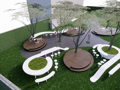 Outdoor Landscape Seats with Circular Wooden Platforms Trees and Green Lawn Design 3d model