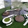 Outdoor Landscape Seats with Circular Wooden Platforms Trees and Green Lawn Design