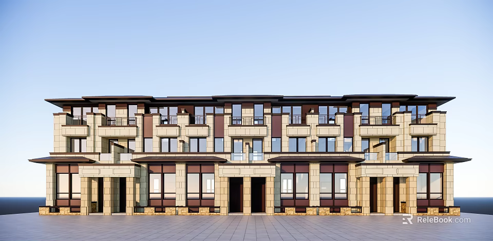 Modern Townhouse Exterior Design With Multiple Units Balconies Large Windows And Symmetrical Facade 3d model 