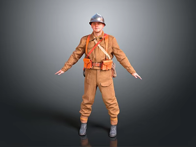 Worker in Brown Work Uniform with Silver Helmet Orange Equipment and Arms Outstretched 3d model