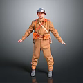 Worker in Brown Work Uniform with Silver Helmet Orange Equipment and Arms Outstretched