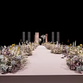 Elegant Wedding Stage With Pink Backdrop Crystal Hangings And Flower Decorations