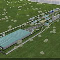 Industrial Factory Building With Metal Roof Green Grass Trees And Railway Tracks In Open Area