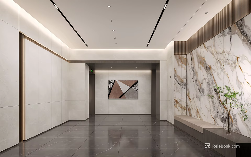 Modern Elevator Hallway With Marble Wall Gray Floor Tiles Decorative Painting Bench And Lighting 3d model 