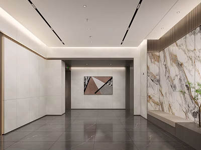 Modern Elevator Hallway With Marble Wall Gray Floor Tiles Decorative Painting Bench And Lighting 3d model