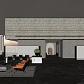 Modern Clubhouse Lobby With Open Space Grey Walls Orange Sofa Green Plants And Marble Decor
